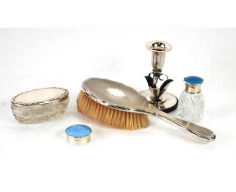 GEORGE V CUT GLASS PIN TRAY, with pull-off silver cover, TOGETHER WITH AN ENGINE TURNED SILVER BACKED HAIR BRUSH, both Birmin