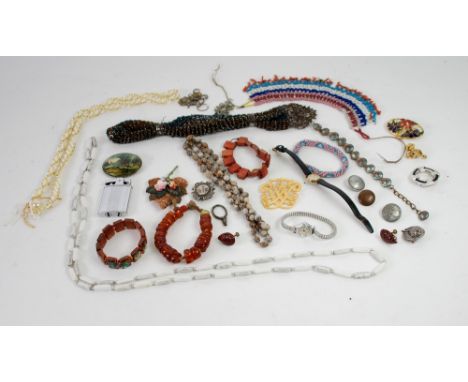 BEADWORK DEEP FRINGE NECKLACE, with branch coral edge, VICTORIAN BEADWORK MISERS PURSE; 2 LADY'S WRIST WATCHES; Ronson pocket
