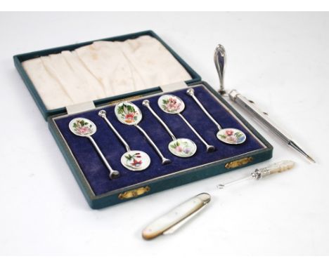 CASED SET OF SIX 1960's SILVER AND ENAMEL COFFEE SPOONS, TOGETHER WITH AN ENGINE TURNED SILVER PROPELLING PENCIL, London 1956