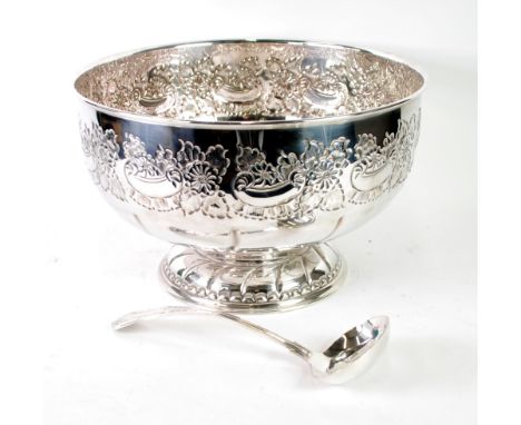 VINERS SILVER PLATED ON COPPER LARGE PEDESTAL PUNCH BOWL, of typical form with repousse floral border, 9" (22.9) high, 15" (3