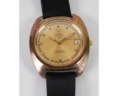 OMEGA,  GENEVE GENTS CIRCA 1960's 'ELECTRONIC f300 Hz CHRONOMETER' WRIST WATCH, the gilt rounded oblong case with circular gi
