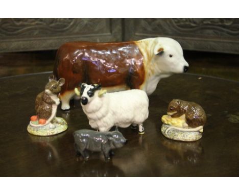 A SMALL COLLECTION OF FIVE CERAMIC ANIMALS including a Beswick ram, two Beswick mice, a Royal Doulton pig and a further bull