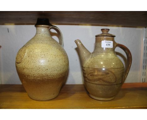 A DAVID LEACH (LOWESDOWN POTTERY) STONEWARE COFFEE POT and cover, 23cm high, impressed marks and a flagon, 26.5cm (2)