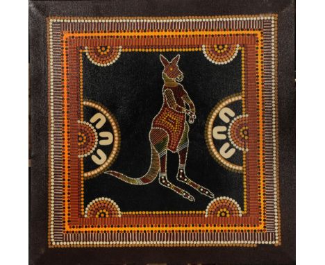 M Gibbs (Aboriginal School) Hunted kangaroos surrounded by the tribe, signed, oils on canvas, 70cm x 80cm and a further oils 