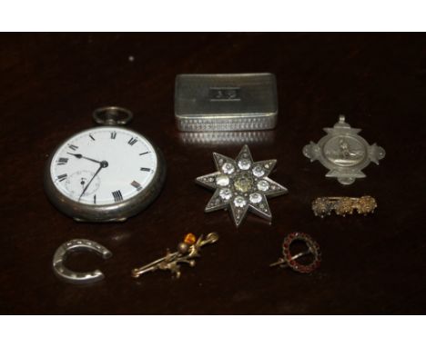 A SMALL COLLECTION OF MISCELLANEOUS including a Victorian silver snuff box with engine turned decoration, a silver medal, a s