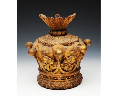 A CARVED GILTWOOD CORONET, 19th Century, probably from the finial of a four poster bed, 22cm high