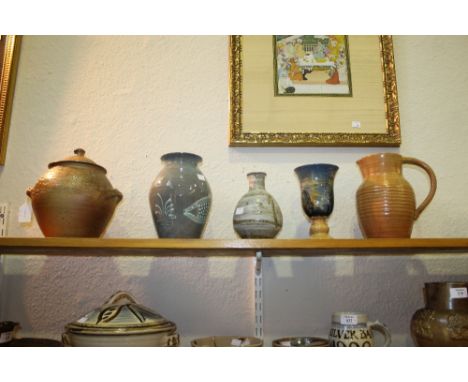 A WILLIAM FISHLEY HOLLAND VASE 19cm, a Lucy Rie style jug, a Svend Bayer vase and cover 25cm, a Boscastle goblet and a Phil R
