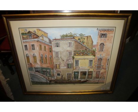 A large print of Venice, 61cm x 78cm, two studies by Roger Moore, a watercolour by Peggy Shaw and a coloured botanical print 