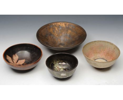 A STONEWARE BOWL decorated with running droplets of gold in style of Lucie Rie, another glazed in whiteish green, a dark clay