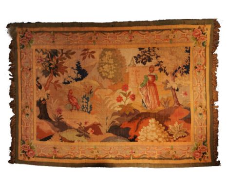 A FLEMISH STYLE TAPESTRY PANEL with figure in a garden landscape, 200cm x 124cm
