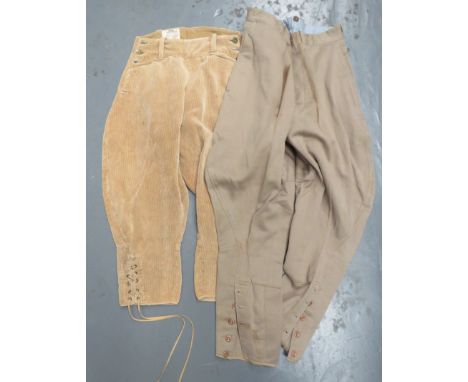 Pair of WW2 Pattern Women's Land Army Breeches tan corduroy breeches. &nbsp;Side waist button fastening. &nbsp;Lower calf lac