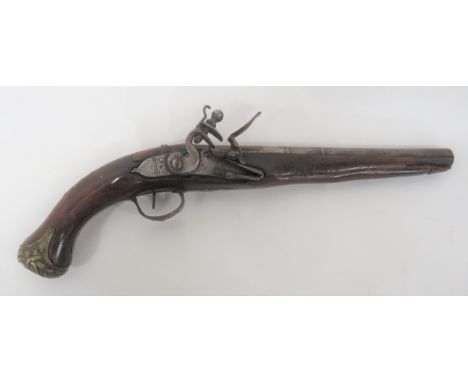 19th Century Turkish Flintlock Holster Pistol 25 bore, 9 1/2 inch barrel. &nbsp;The rear top and side flats with brass, overl