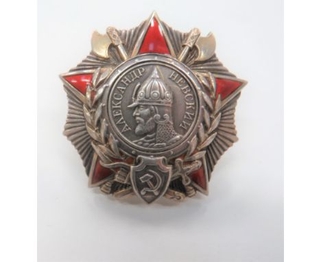 Russian Soviet Union Order of Alexander Nevsky Breast Badge fine silvered, gilt and red enamel Russian star. &nbsp;Central si