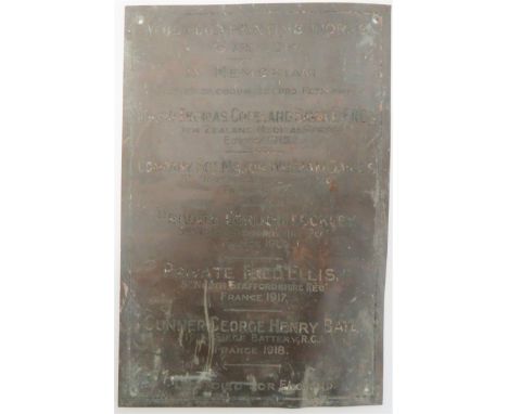 Rare WW1 Period "Wedgwood Printing Works" Memorial Wall Panel 15 x 10 inch, darkened copper wall mounted panel inscribed "Wed