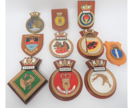 Small Selection of Royal Navy Wall Plaques mostly painted plaster on wooden shields. &nbsp;Including Conqueror ... Argus ... 