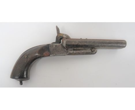 Late 19th Century Large Form Pinfire Double Barrel Pistol 25 bore, 5 1/4 inch, octagonal, side by side barrels. &nbsp;Flat si