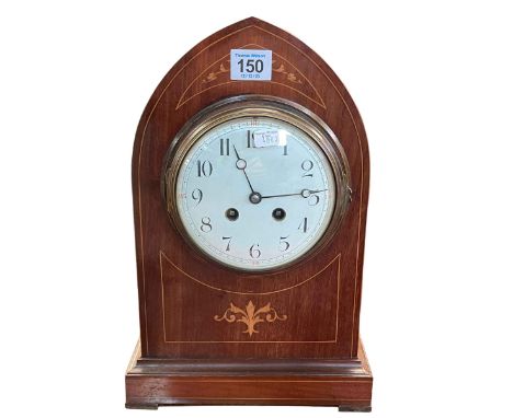 Mahogany inlaid arch top mantel clock, 35cm.