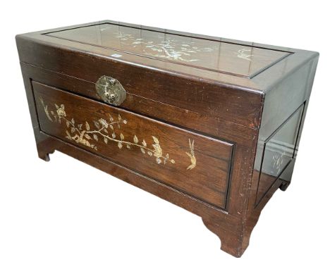 Camphor trunk with mother of pearl decoration, 56cm by 103cm by 52cm.