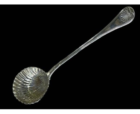 Good and substantial Victorian silver soup ladle with shell bowl and handle, London 1846, 36cm length.