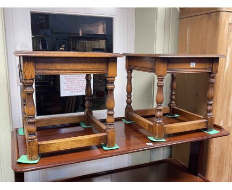 Pair oak turned leg lamp tables, 46.5cm by 45cm by 45cm.