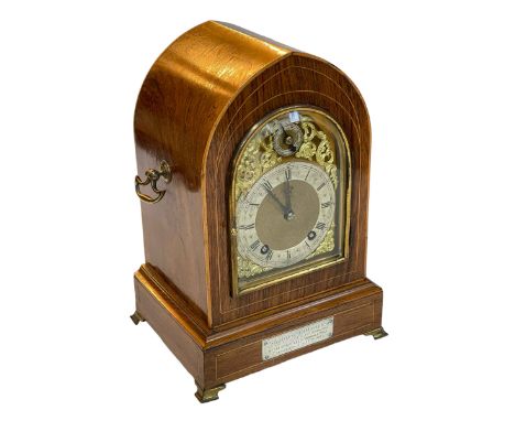 Late Victorian rosewood and line inlaid arch top mantel clock, 34cm.