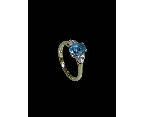 Aquamarine and diamond 18 carat gold ring, size L/M.