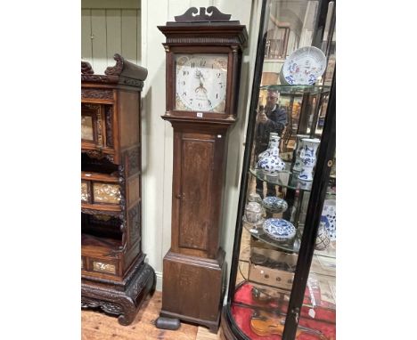 Antique oak cased 30 hour longcase clock having square floral painted dial signed Jn Bishop, Sherborne, 204cm.