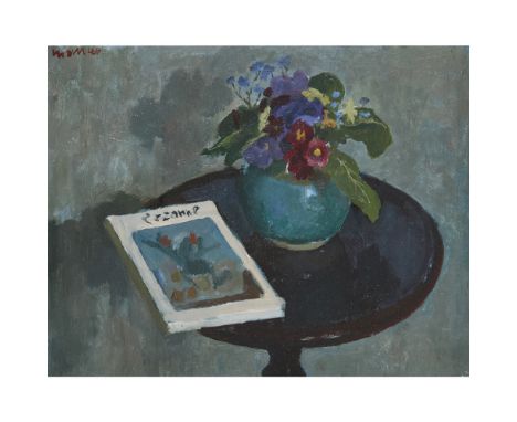 [§] ALBERTO MORROCCO O.B.E., R.S.A., R.S.W. (SCOTTISH 1917-1998)  TABLE WITH FLOWERS AND CEZANNE BOOK, C.1959   Signed, oil o