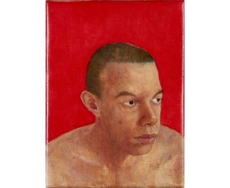 [§] JENNIFER MCRAE (SCOTTISH B.1959)  FABIO ON RED   Signed with initials and dated '09, oil on canvas  20.25cm x 15cm (8in x