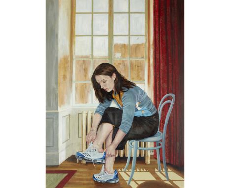 [§] STEPHEN SHANKLAND (SCOTTISH CONTEMPORARY)  RUNNING LATE II   Signed and inscribed with title verso and dated 2004, oil on