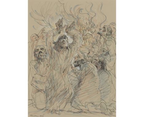 [§] PETER HOWSON (SCOTTISH B.1958)  MOSES AND THE BURNING BUSH   Signed and dated 2012, ink and wash and bodycolour  40cm x 3