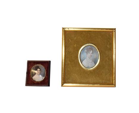 English School (early 19th century) A bust portrait of a young lady, wearing a white décolleté dress, on ivory, oval, 5cm by 