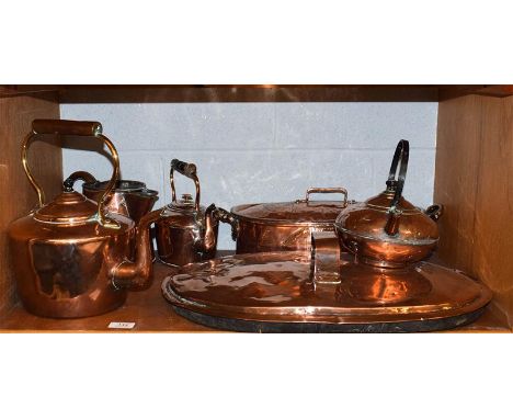 Copper kettles, fish kettle, copper ware, etc (one shelf)