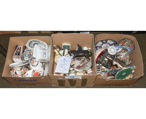 Three boxes of mixed ceramics including cottage Derby, Royal Cauldon, Royal Worcester and Hammersley, etc (three boxes)