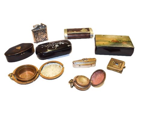 A Georgian lacquered snuff box, a Vernis Martin example, two others together with a novelty vesta formed as a violin case, pa