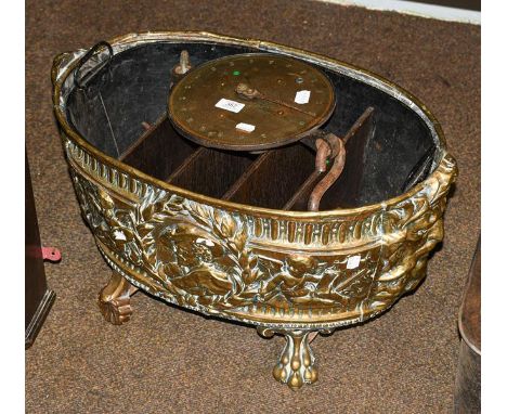 A Salters spring balance and an embossed brass planter of ovoid form, later fitted, 60cm wide (2)