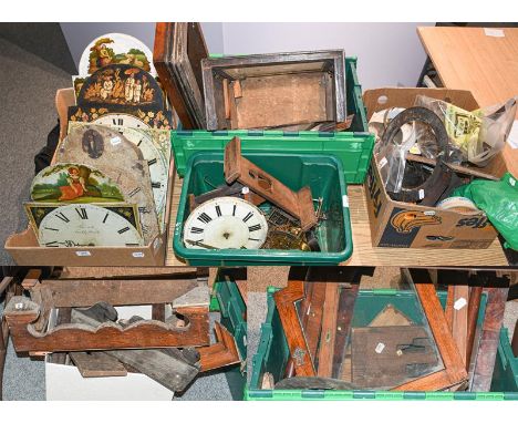 A quantity of clock case mouldings including, clock seat boards, wooden wall clock dial and movement, 19th century painted cl