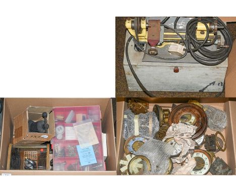 A selection of watchmakers tools including a watch lathe, staking tool cased set, case back watch clasps?, watch movement hol