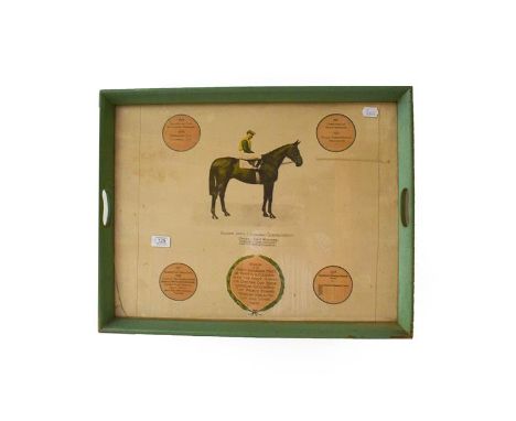 A printed silk panel showing the racehorse Brown Jack and his victories 1927-1933, in a tray mount, together with a related b