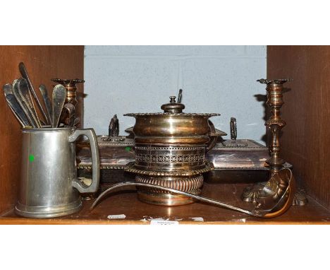 A quantity of silver plate including three entree dishes, a pair of candlesticks, and wine coasters etc (one shelf)