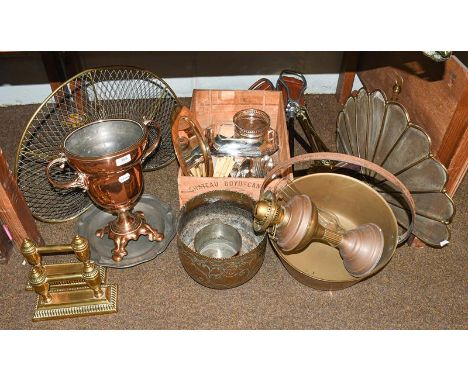 Two 19th century brass peacock form spark guards, a quantity of silver plate including an entree dish and Kings pattern flatw