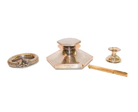 A George V silver capstan inkwell by Walker and Hall, Sheffield, 1934 together with a sterling silver dwarf candlestick, an I