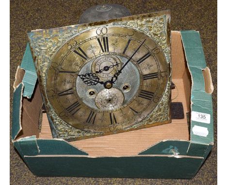 An eight day longcase clock dial and movement, 12 inch square brass dial with chapter ring signed John Sanderson, eight-day m