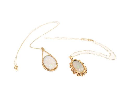 A 9 carat gold opal pendant on chain, pendant length 3.0cm, chain length 41cm, and a 9 carat gold opal pendant on a fine trac