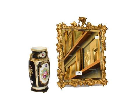 A large pair of Paris porcelain vases painted with leaves and flowers, a Noritake vase, a gilt framed mirror and a brass base