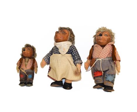 Steiff vinyl Mecki and Micki large figures, smaller Mecki, Macki and Mucki, Lucki the gnome and three similar figure skiing a