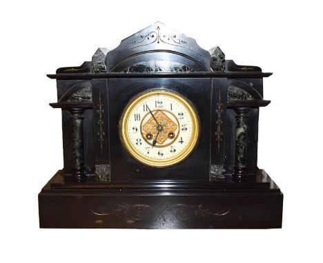 A Victorian slate and marble eight day mantel clock, together with an Edwardian inlaid mahogany eight day mantel clock, two m