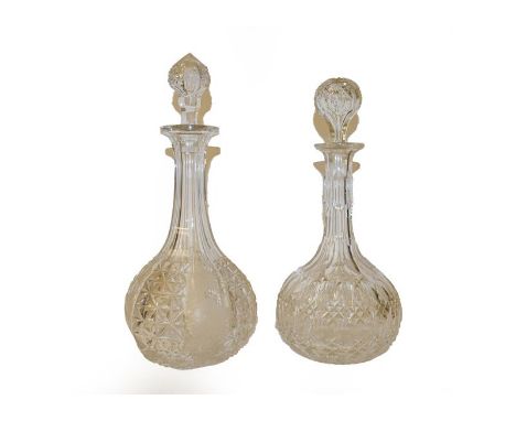 Four glass decanters including Georgian examples, a Caughley plate in Chantilly Sprig pattern, and a KPM onion pattern plate