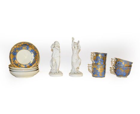 A tray of 18th century and later English porcelain including Caughley teawares with wet blue and gilt borders, Worcester flut