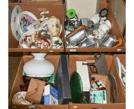 Four boxes of mainly ceramics and glass etc to include Duchess, Royal Grafton and Minton china, Picquot teaset on tray, Royal